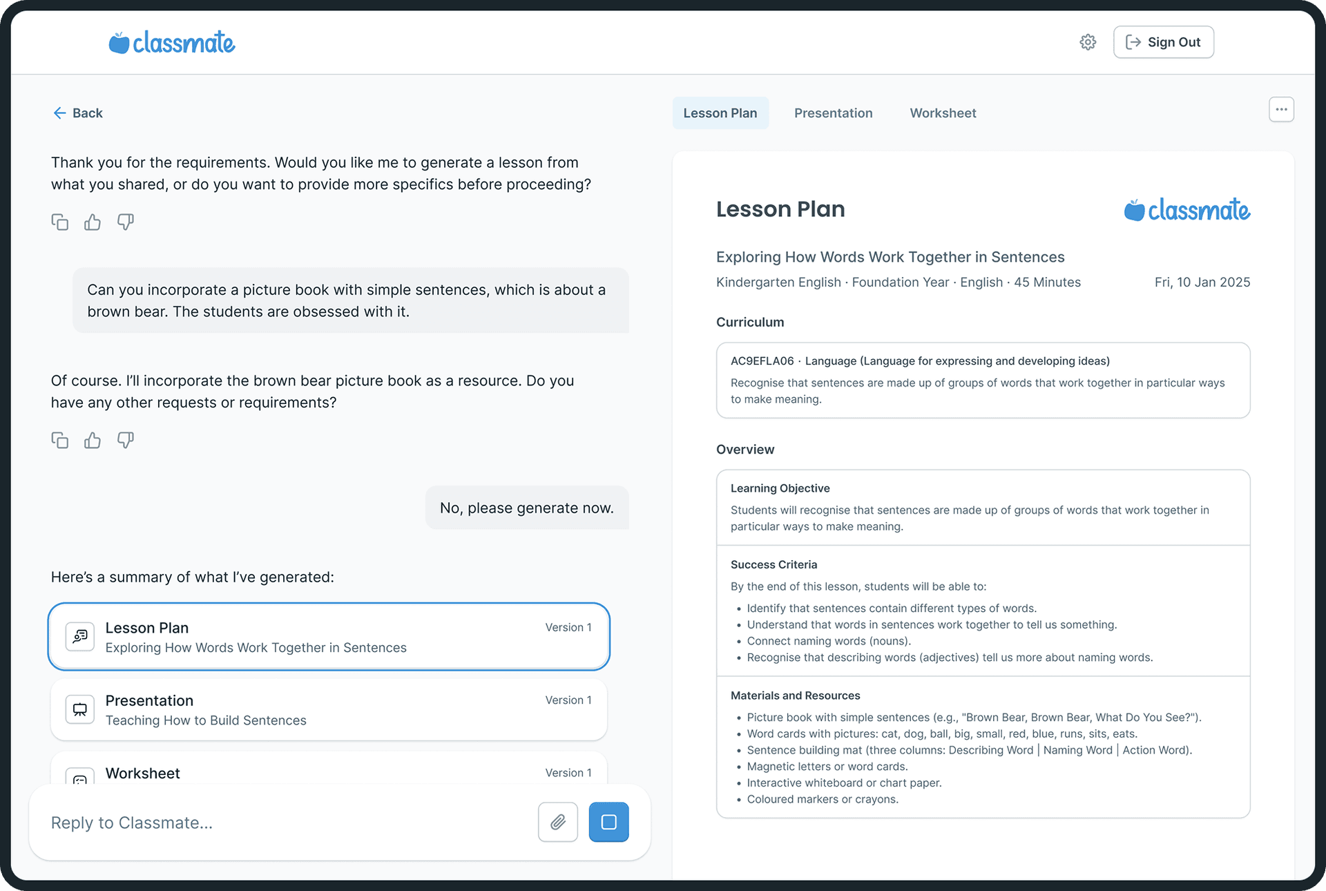 Classmate chatbot helping plan a lesson