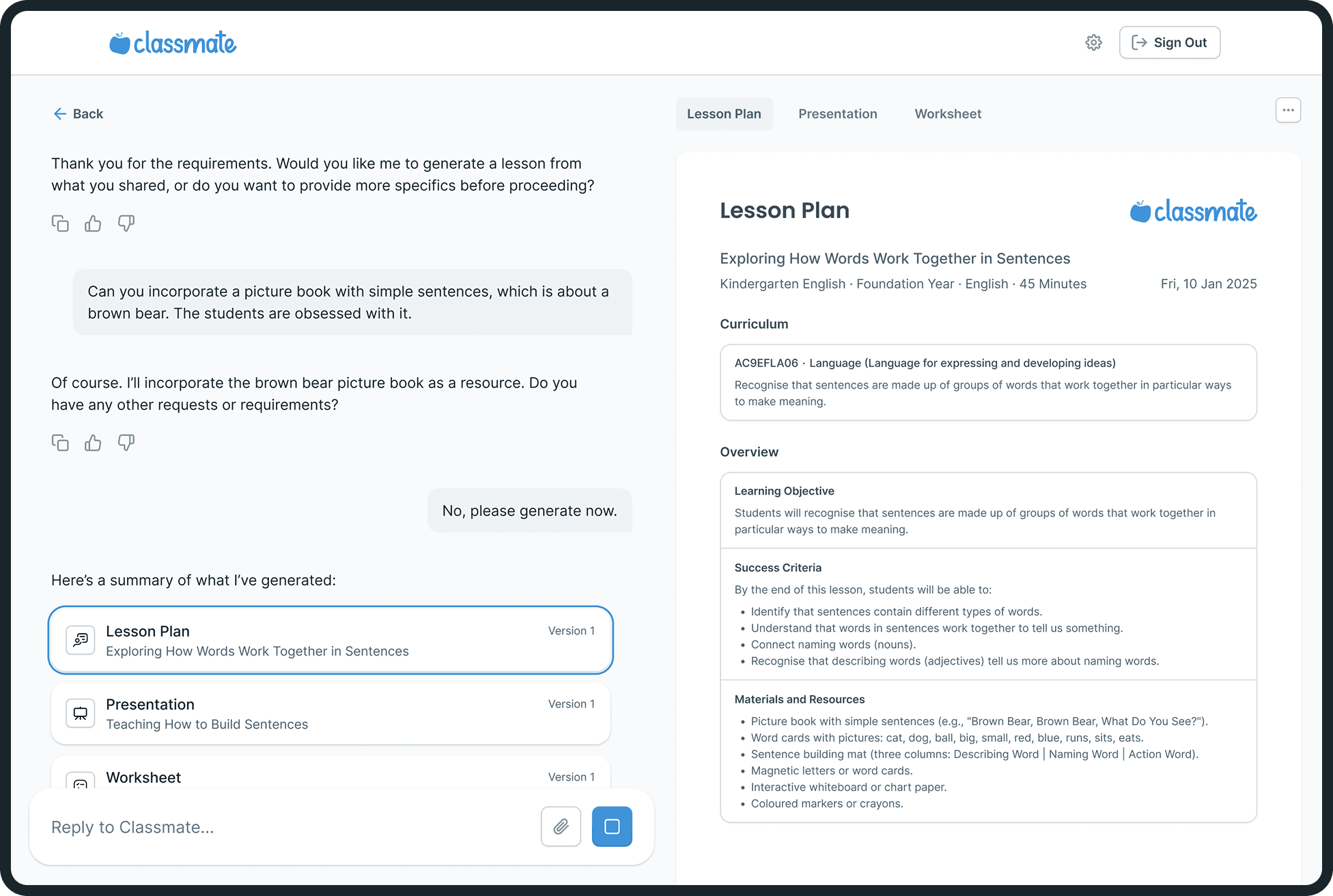 Classmate chatbot helping plan a lesson