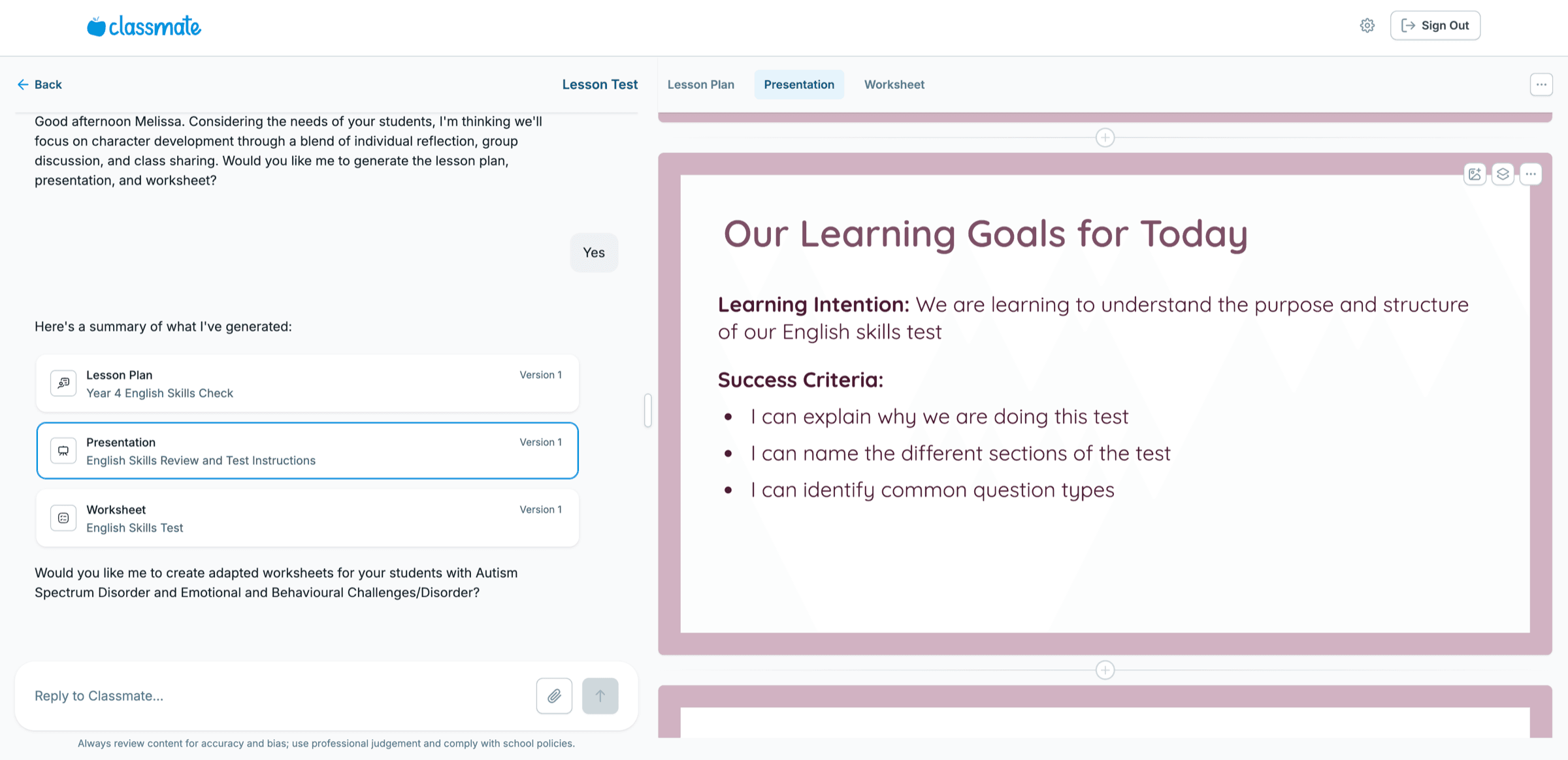 Classmate presentation editor with learning goals on the Presentation tab