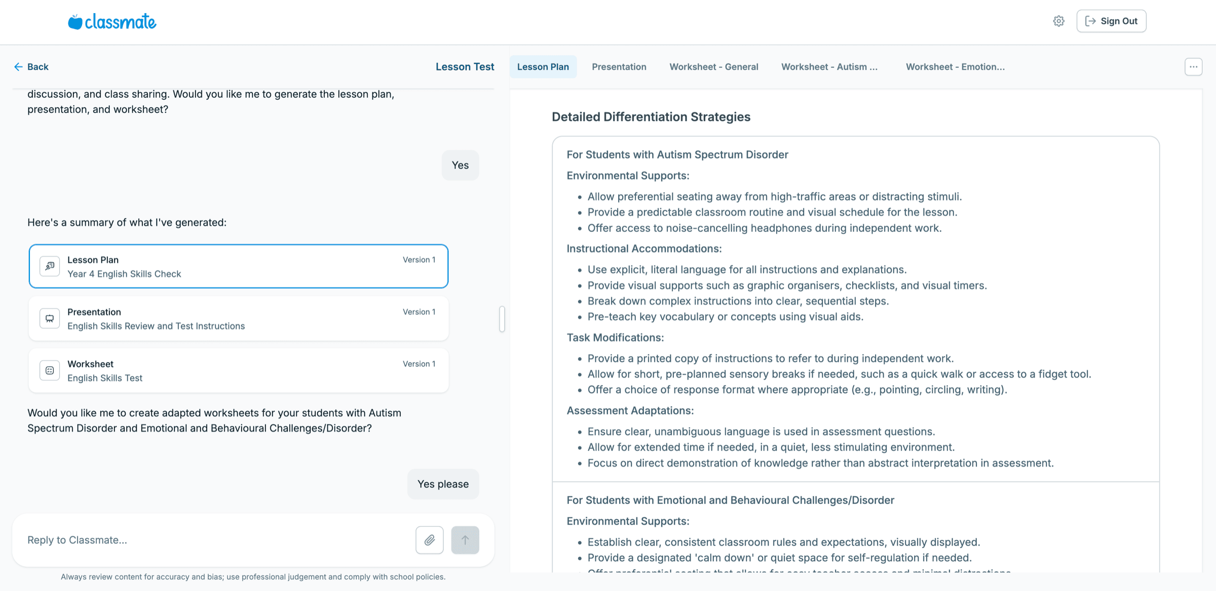 Classmate lesson plan with chat, curriculum codes and differentiation