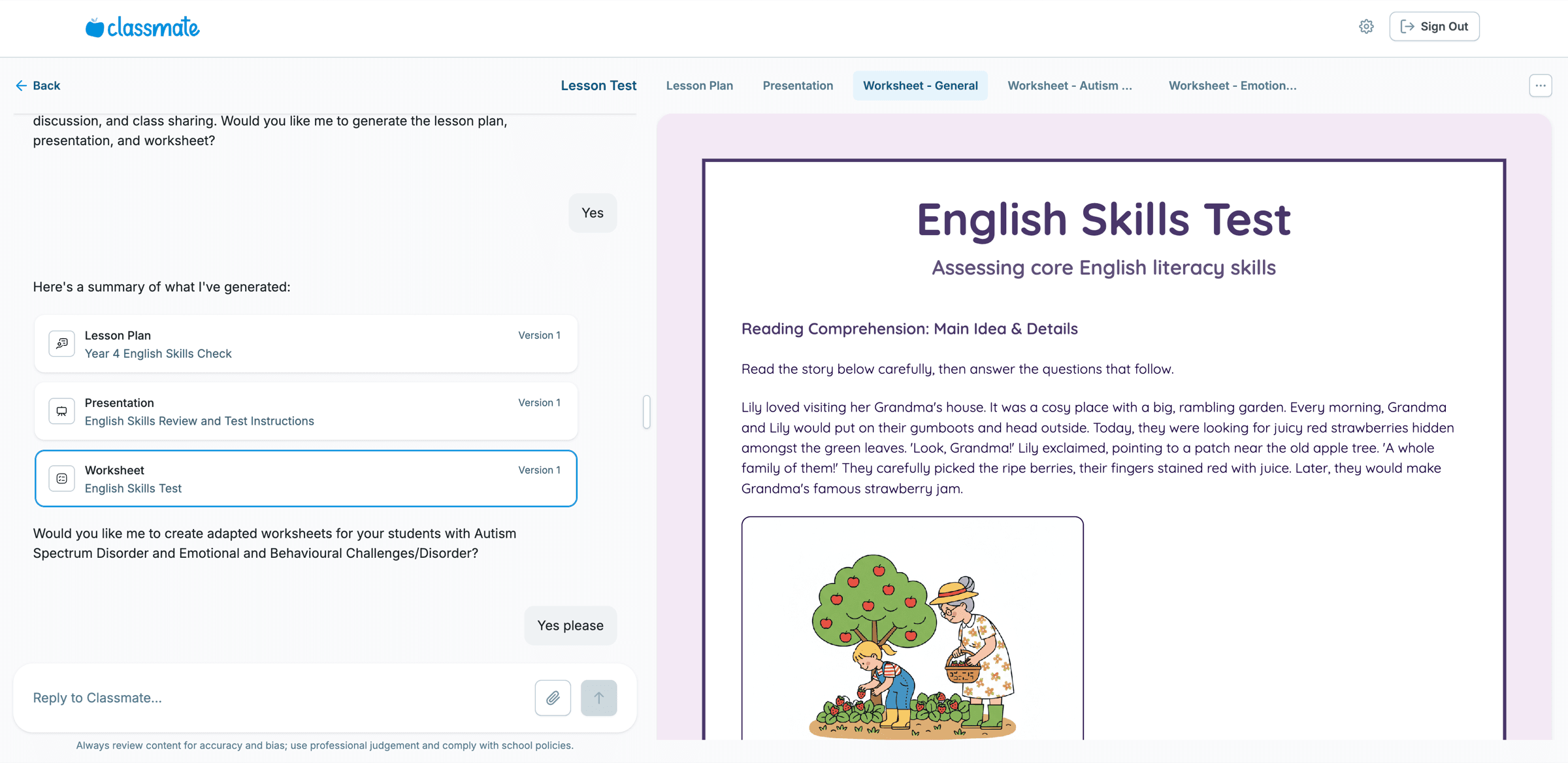 Classmate worksheet on the Worksheet tab, with a reading comprehension activity